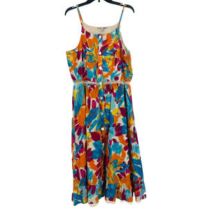 Harlow & Rose Colorful Abstract Floral Midi Dress Button Front Lace Size XL